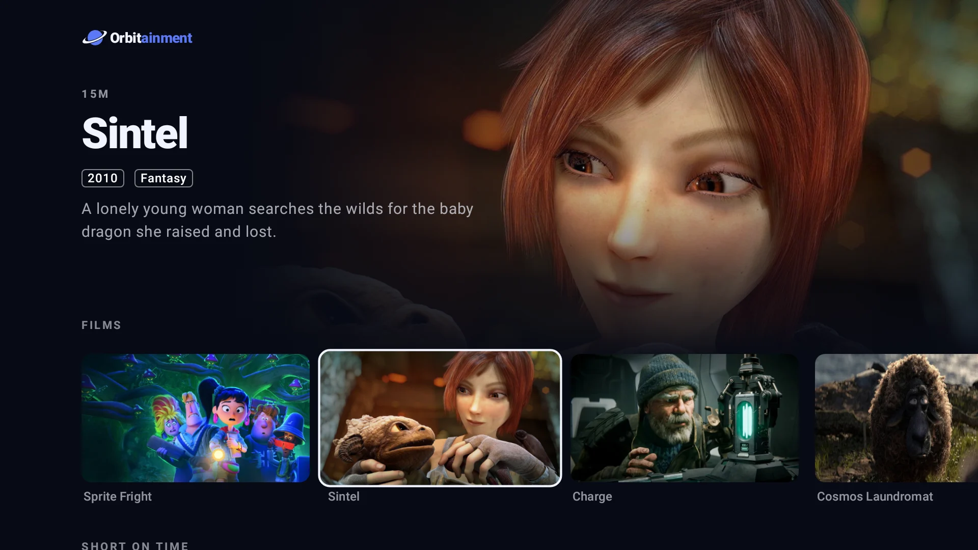 Orbitainment on a TV: the Films row with Sintel selected, its artwork, year and story above.