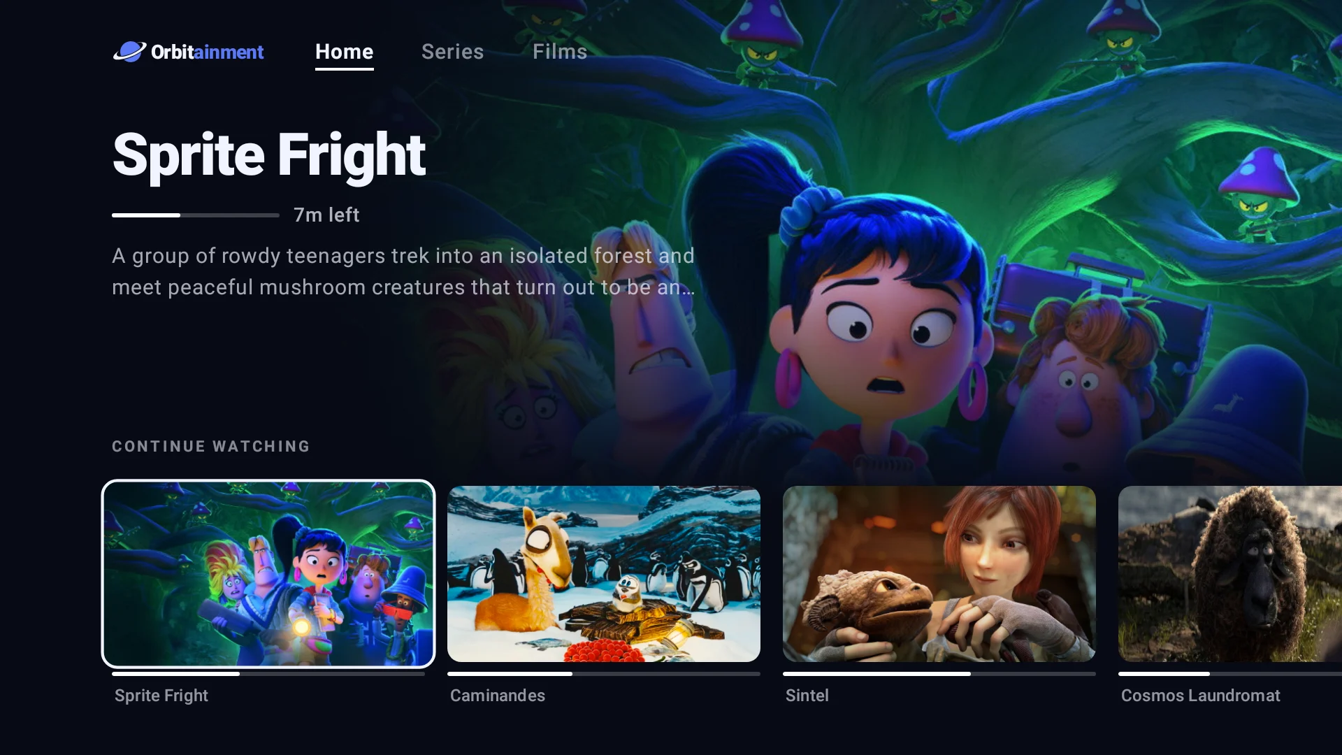 The Orbitainment home screen on a TV: a large banner for the film you were watching, above a Continue Watching row of artwork.