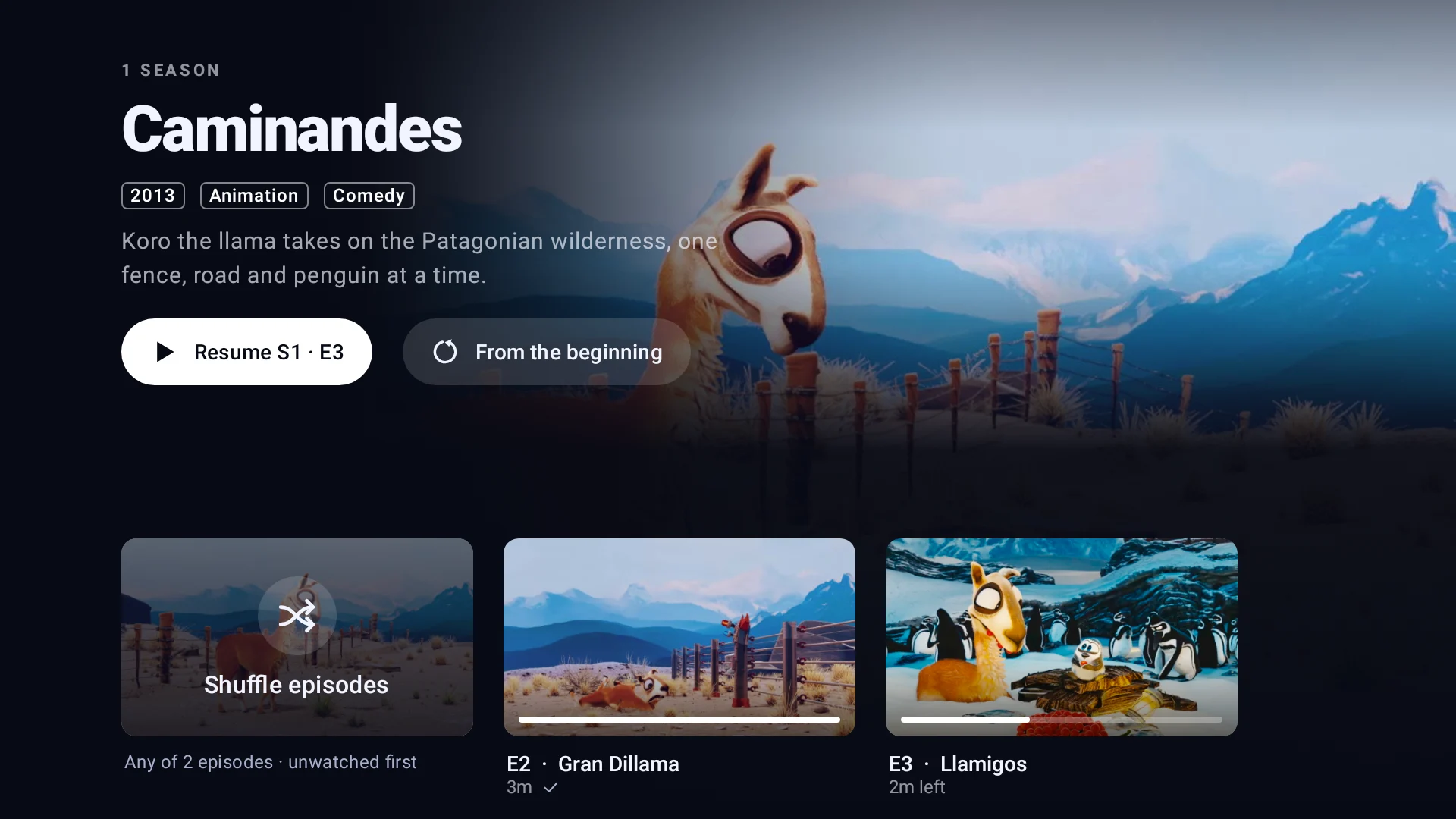 A series page on the TV: artwork, seasons and a row of episodes.